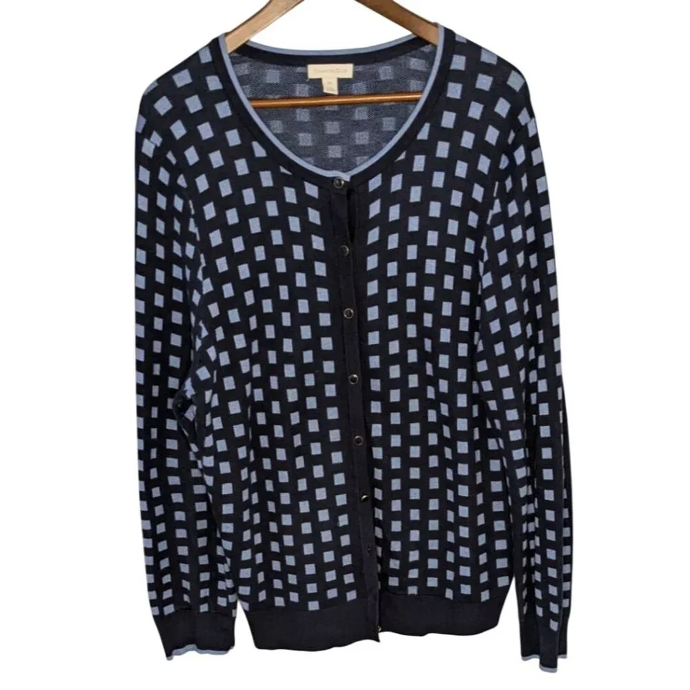 Charter Club Navy & Light Blue Checkered Button-Front Cardigan XXL Cotton Blend - Picture 8 of 13